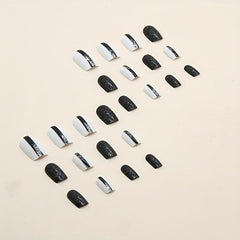 Short Coffin False Nails Line Design Full Cover Glitter Stick On Nails 24Pcs