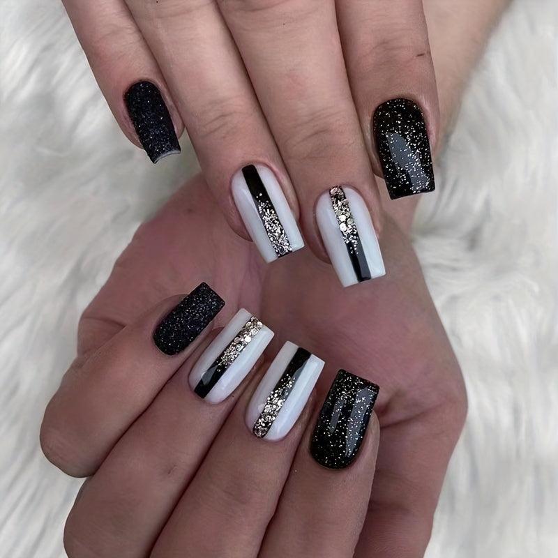 Short Coffin False Nails Line Design Full Cover Glitter Stick On Nails 24Pcs