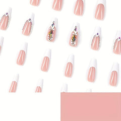 24 pcs French Ballerina Press On Nails with Rhinestones