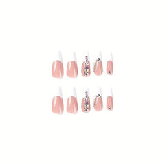 24 pcs French Ballerina Press On Nails with Rhinestones