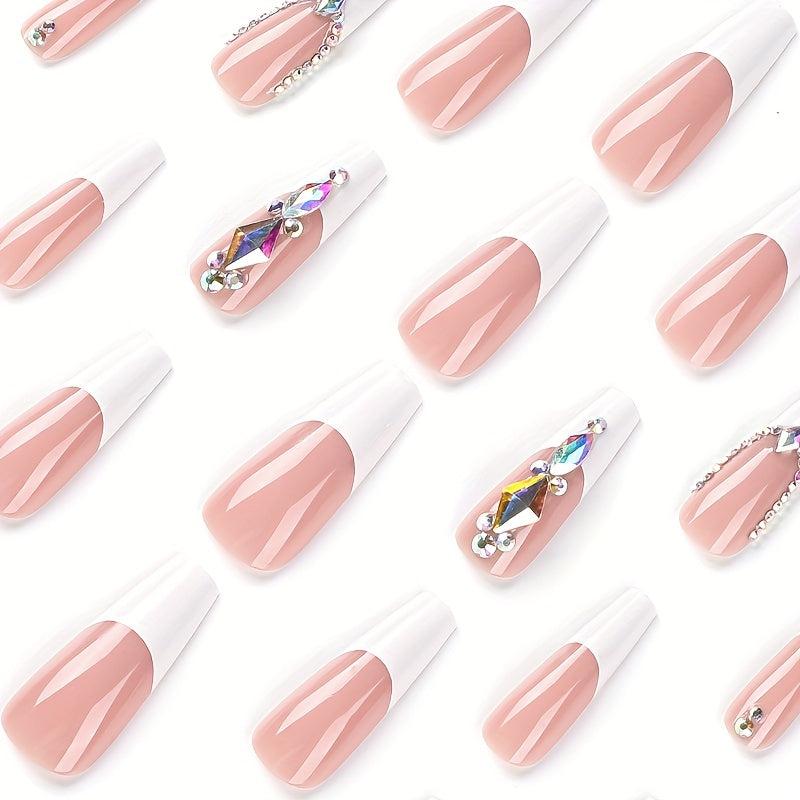 24 pcs French Ballerina Press On Nails with Rhinestones