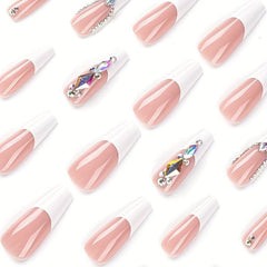 24 pcs French Ballerina Press On Nails with Rhinestones