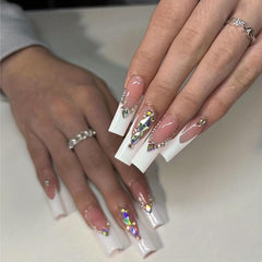 24 pcs French Ballerina Press On Nails with Rhinestones