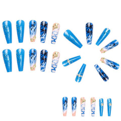 24pcs Ombre Press On Nails with 3D Marine Life Glossy Long Coffin False Nails