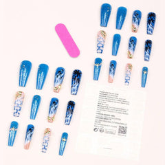 24pcs Ombre Press On Nails with 3D Marine Life Glossy Long Coffin False Nails