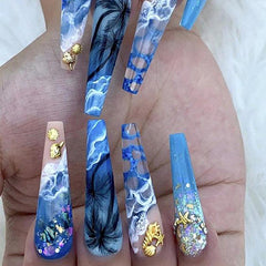 24pcs Ombre Press On Nails with 3D Marine Life Glossy Long Coffin False Nails