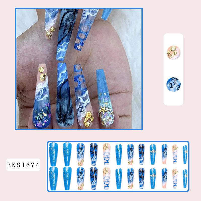 24pcs Ombre Press On Nails with 3D Marine Life Glossy Long Coffin False Nails