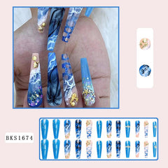24pcs Ombre Press On Nails with 3D Marine Life Glossy Long Coffin False Nails