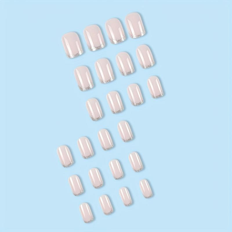 24pcs Silvery Glitter French Tip Press On False Nails Pink Square Medium