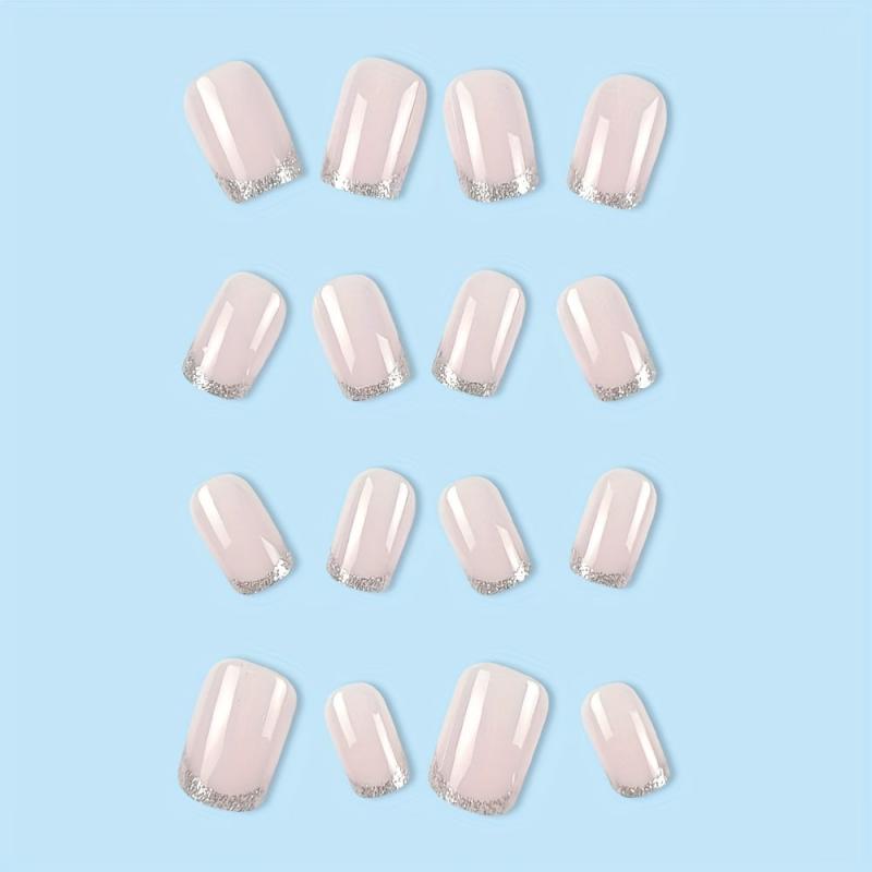 24pcs Silvery Glitter French Tip Press On False Nails Pink Square Medium