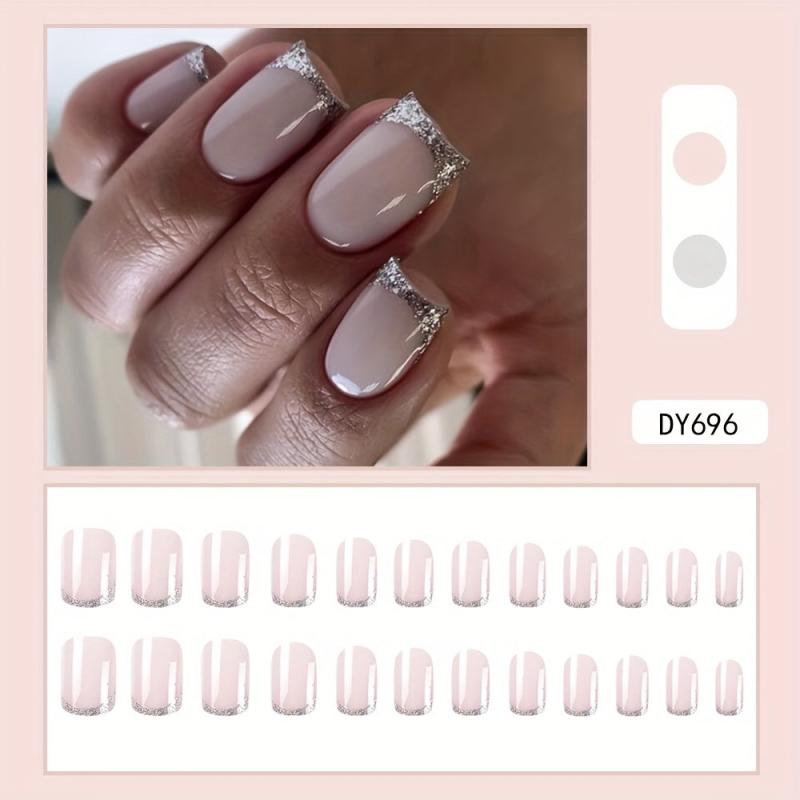 24pcs Silvery Glitter French Tip Press On False Nails Pink Square Medium