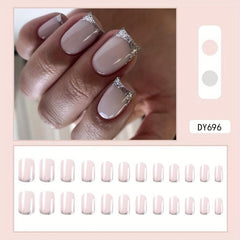 24pcs Silvery Glitter French Tip Press On False Nails Pink Square Medium