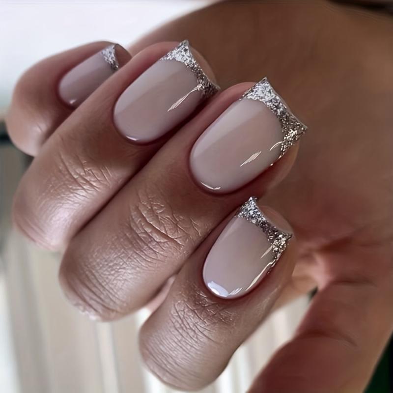 24pcs Silvery Glitter French Tip Press On False Nails Pink Square Medium