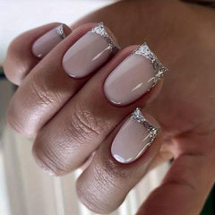 24pcs Silvery Glitter French Tip Press On False Nails Pink Square Medium