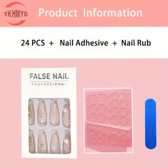 24 French Tips Matte Almond Press On Nails with Golden Lines - Medium Length