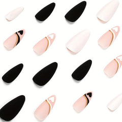 24 French Tips Matte Almond Press On Nails with Golden Lines - Medium Length
