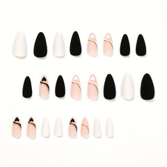 24 French Tips Matte Almond Press On Nails with Golden Lines - Medium Length