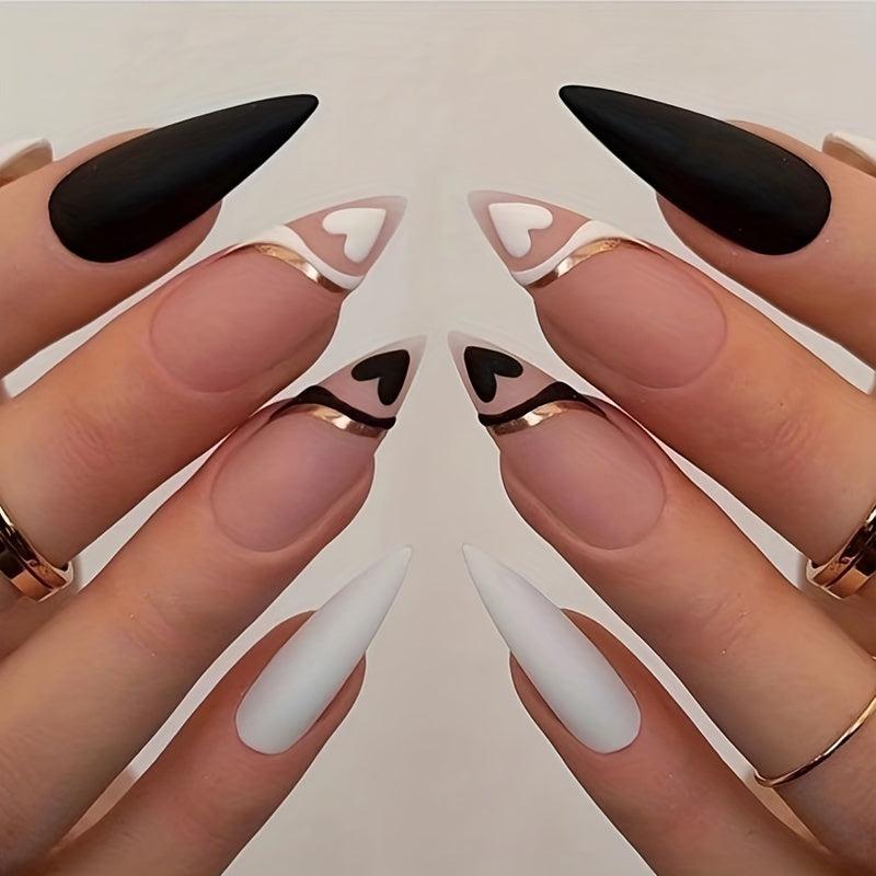 24 French Tips Matte Almond Press On Nails with Golden Lines - Medium Length