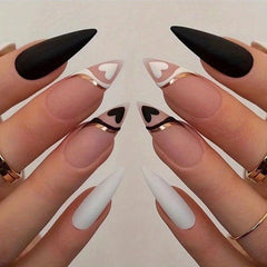 24 French Tips Matte Almond Press On Nails with Golden Lines - Medium Length