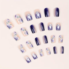 24pcs Flower Press On Nails Glitter Medium Length False Nails for Women