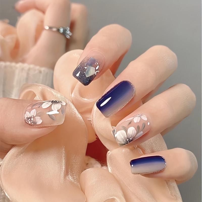 24pcs Flower Press On Nails Glitter Medium Length False Nails for Women