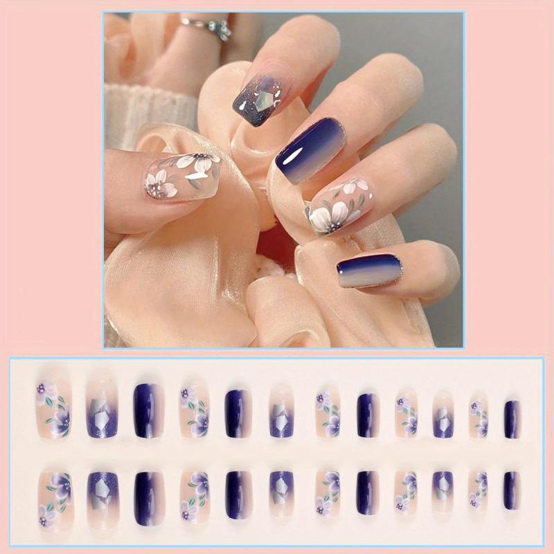24pcs Flower Press On Nails Glitter Medium Length False Nails for Women