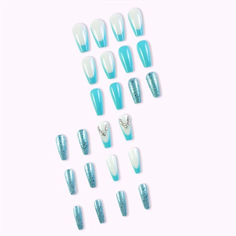 24pcs Green Square Press On Nails Glitter Rhinestone False Nails