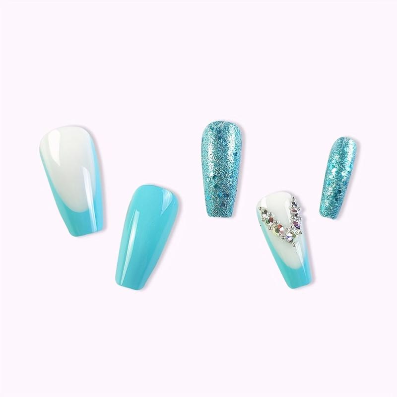 24pcs Green Square Press On Nails Glitter Rhinestone False Nails