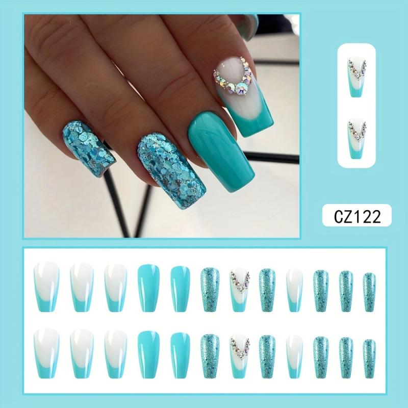 24pcs Green Square Press On Nails Glitter Rhinestone False Nails