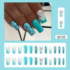 24pcs Green Square Press On Nails Glitter Rhinestone False Nails