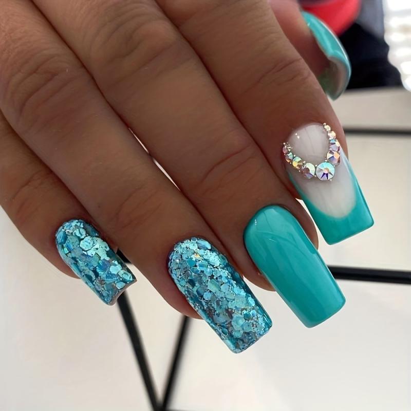 24pcs Green Square Press On Nails Glitter Rhinestone False Nails