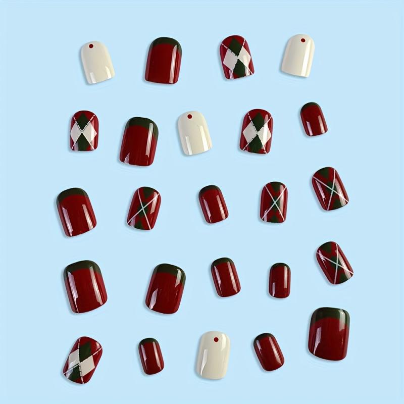 24pcs Christmas French Wine Red Glossy Press On Nails Short Square Designs
