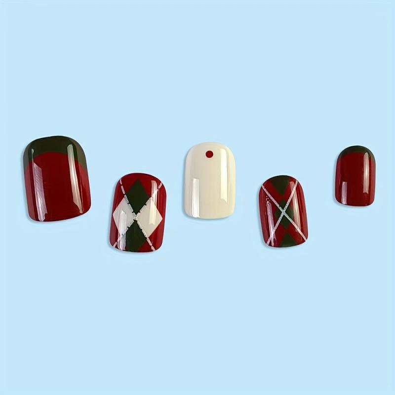 24pcs Christmas French Wine Red Glossy Press On Nails Short Square Designs