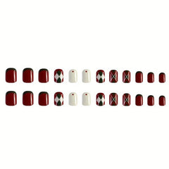 24pcs Christmas French Wine Red Glossy Press On Nails Short Square Designs