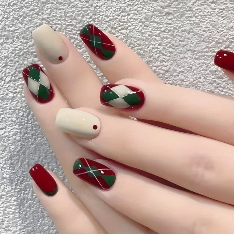 24pcs Christmas French Wine Red Glossy Press On Nails Short Square Designs
