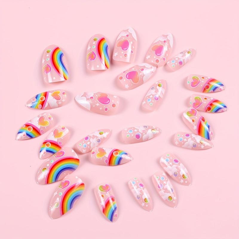 24pcs Rainbow Heart Cloud Press On Nails Glossy Pink False Nails for Women