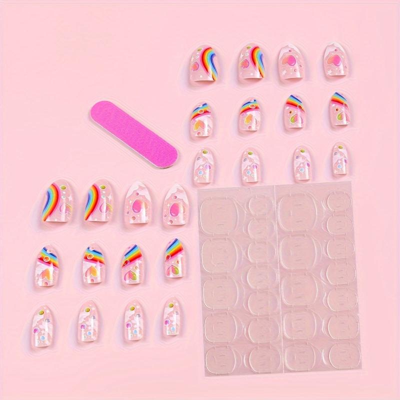 24pcs Rainbow Heart Cloud Press On Nails Glossy Pink False Nails for Women