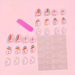 24pcs Rainbow Heart Cloud Press On Nails Glossy Pink False Nails for Women