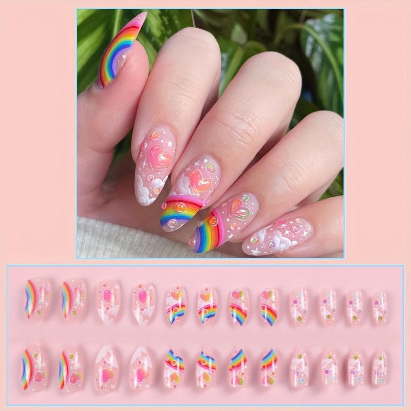 24pcs Rainbow Heart Cloud Press On Nails Glossy Pink False Nails for Women