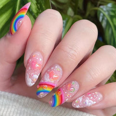 24pcs Rainbow Heart Cloud Press On Nails Glossy Pink False Nails for Women