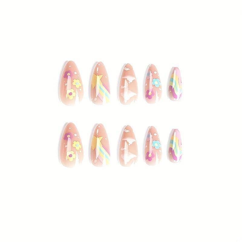 24pcs Glossy Rainbow Flower Press On Nails Full Cover Medium Almond False Nails