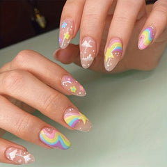 24pcs Glossy Rainbow Flower Press On Nails Full Cover Medium Almond False Nails