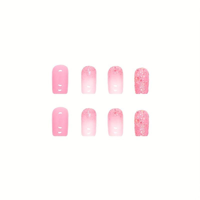 24pcs Pink Ombre Bling Sequins Coffin Press On Nails for Women