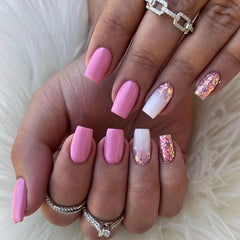 24pcs Pink Ombre Bling Sequins Coffin Press On Nails for Women