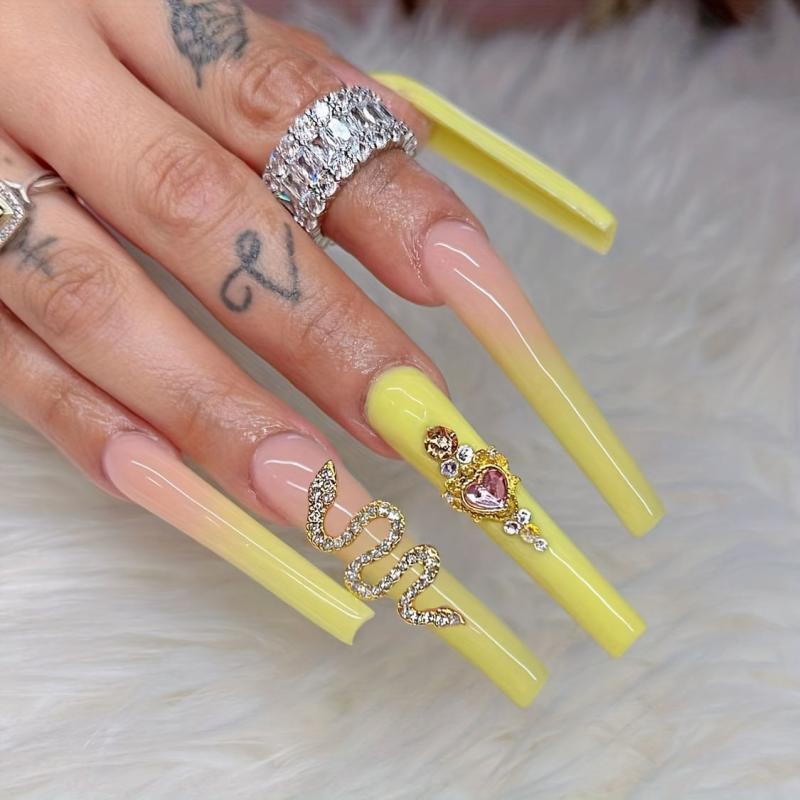 Gradient Green Coffin Press On Nails with 3D Snake Rhinestones