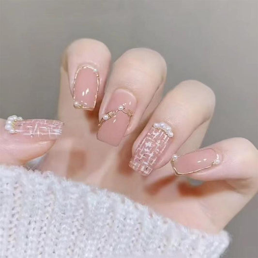 24pcs French Vintage False Nails with 3D Plaid Pearl Decoration