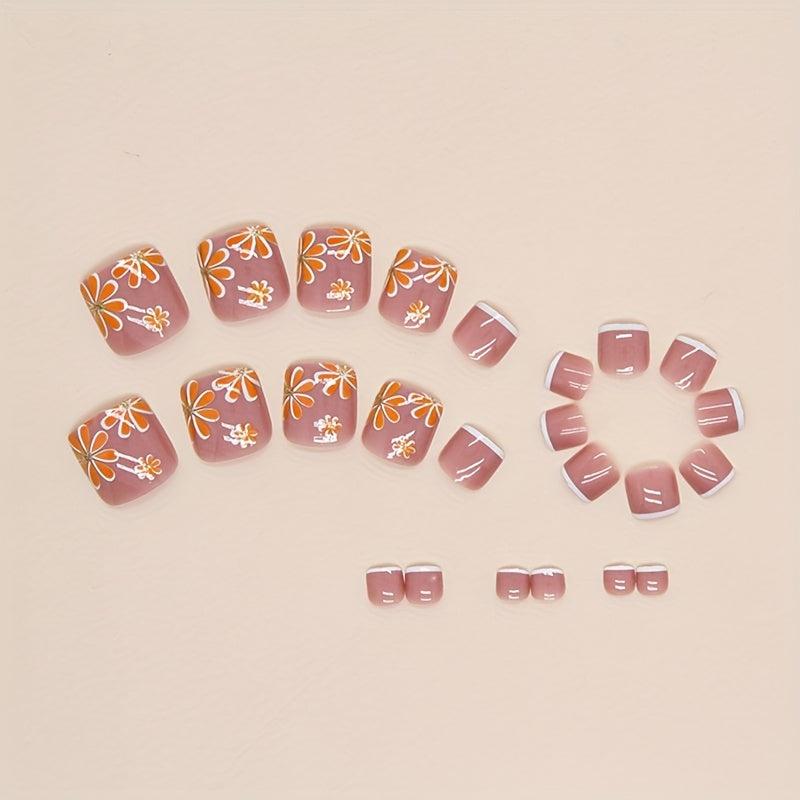 24pcs Orange Yellow Glossy French Tip Press On Toenails for Women and Girls