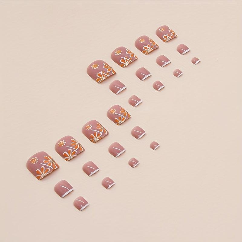 24pcs Orange Yellow Glossy French Tip Press On Toenails for Women and Girls