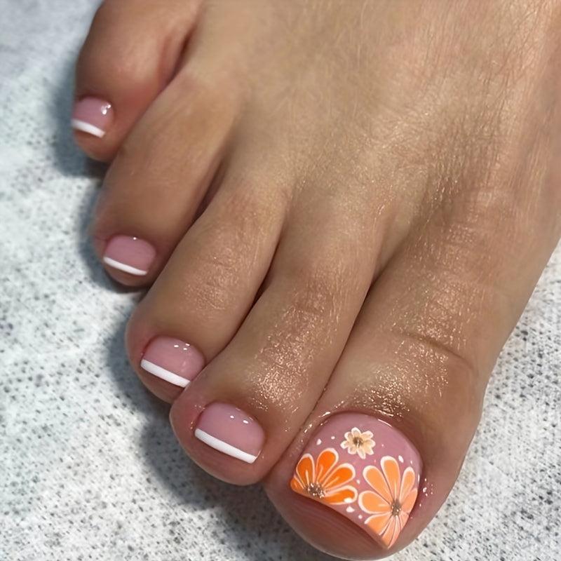 24pcs Orange Yellow Glossy French Tip Press On Toenails for Women and Girls