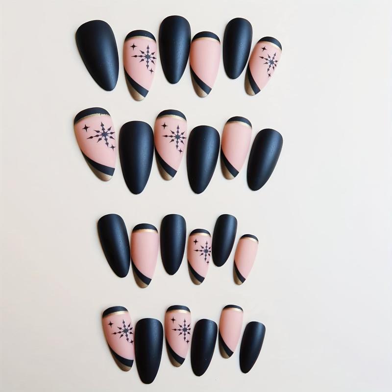 Snowflake Star Almond Shape Press On Nails Golden Line Matte Full Cover